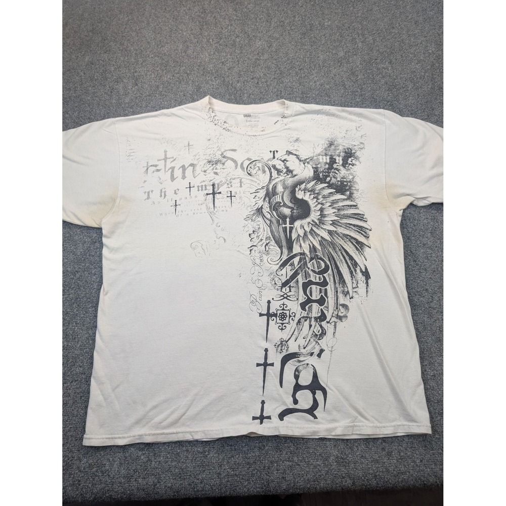 Urban Legend Shirt Mens Extra Large White Graphic Gothic Angel Wings Crosses‎